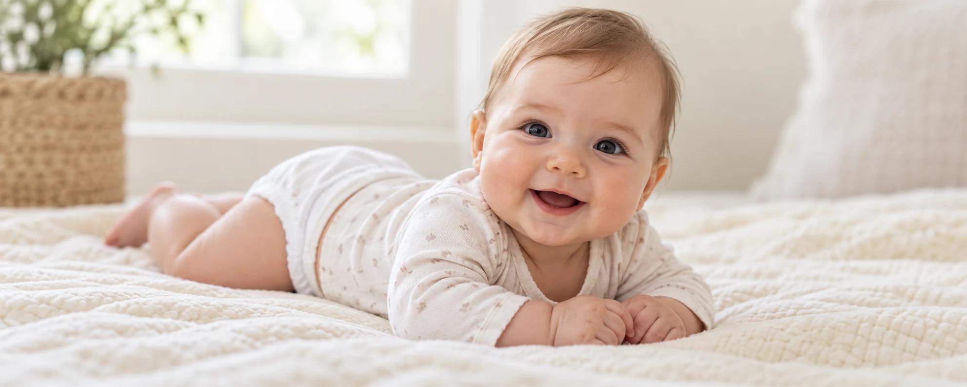 Baby in heller Kleidung auf einer Decke