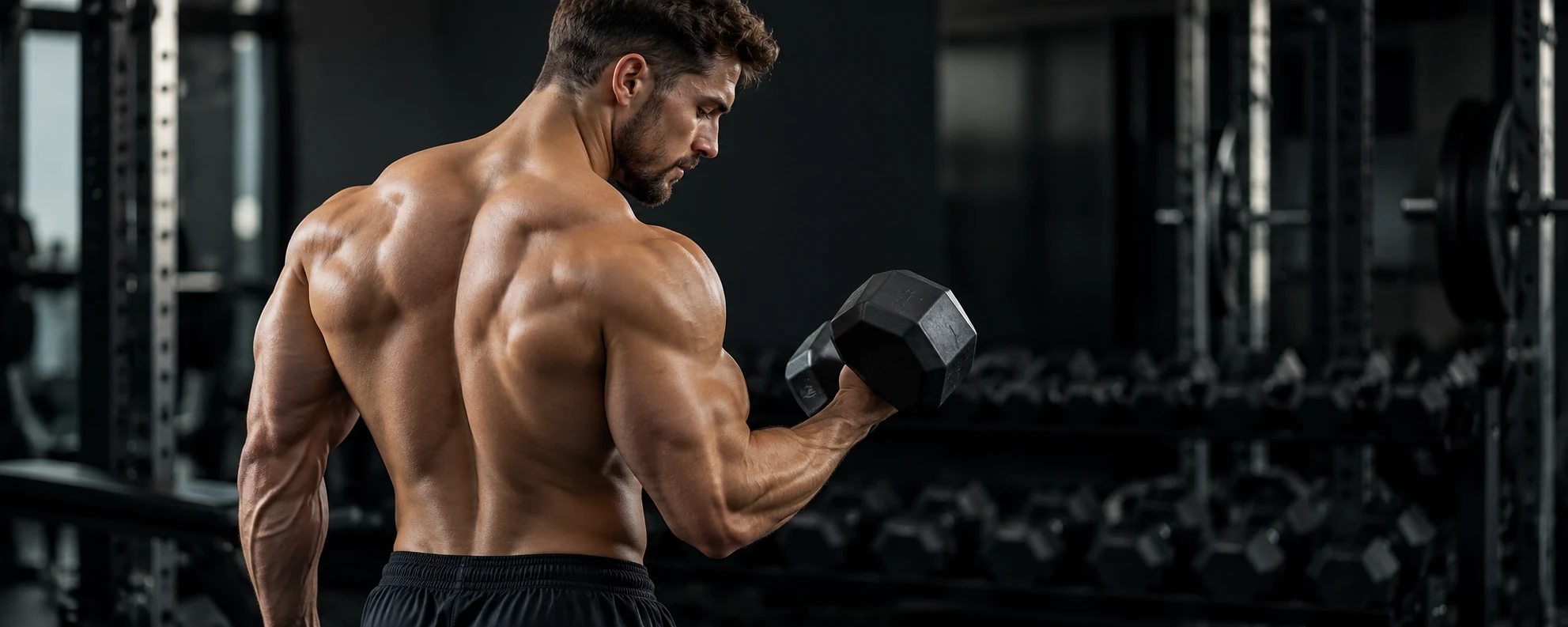 Muskulöser erwachsener Bodybuilder beim Training mit einer Hantel